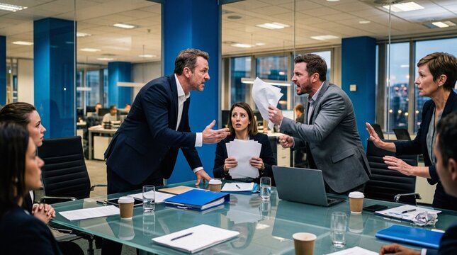 Workplace conflict with executives shouting in a corporate meeting room