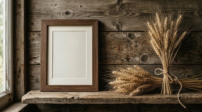 Rustic Wooden Frame and Wheat Stalks on Shelf.