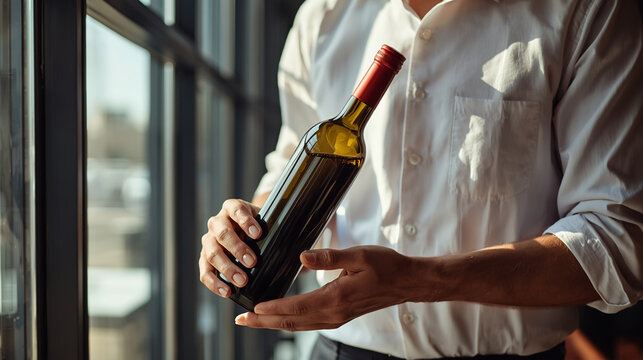 Sommelier presenting a bottle of wine in elegant restaurant, luxury hospitality service