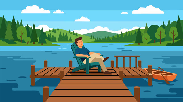 Peaceful man reclining in an Adirondack chair on a wooden dock beside a calm blue summer lake, forest hills, rowboat, clouds, mindful vacation rest and outdoor relaxation vector illustration