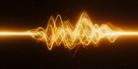 Golden oscillating light trail in abstract 3D quantum data visualization with magic particles. © garrykillian