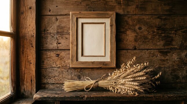 Rustic Wooden Frame with Wheat Stalks on a Window Sill.