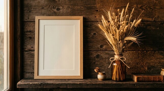 Rustic Wooden Shelf Display with Dried Flowers and Empty Frame.