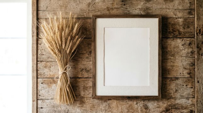 Rustic Wooden Wall Decor with Wheat Stalks and Blank Frame.