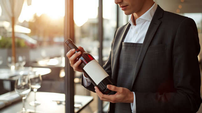 Sommelier presenting a bottle of wine in elegant restaurant, luxury hospitality service