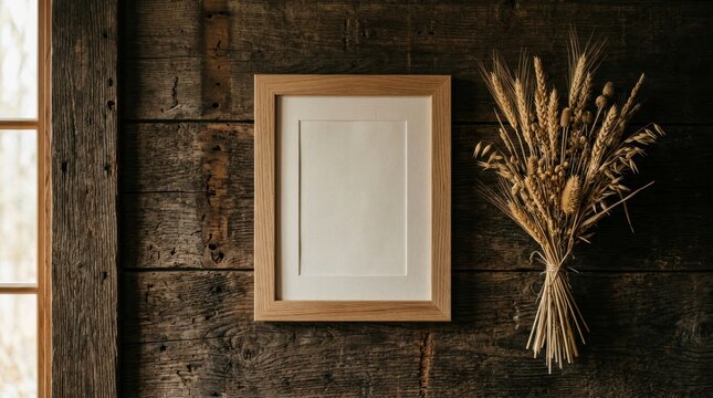 Rustic Wooden Wall with Empty Picture Frame and Dried Flowers.