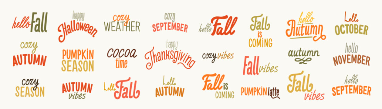 Autumn lettering vector set with cozy fall quotes and seasonal typography. Handwritten phrases like Hello Fall, Pumpkin Season, and Cozy Vibes in warm autumn tones for stickers, prints, cards.