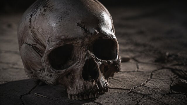 Extreme close-up of a weathered human skull with visible cracks and teeth lying on dry cracked earth under dim dramatic side lighting in dark tones, underscoring the weathered bone