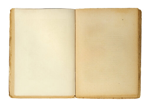 Antique open book with blank aged pages showing page number 49 isolated on white background. Empty weathered old paper texture with retro design elements.