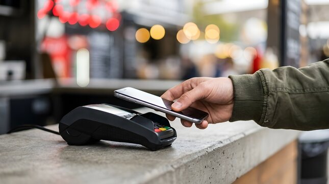 Close up of a man using a smartphone to complete a contactless payment at a terminal in a busy street