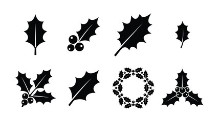 Christmas holly leaf and berry silhouette vector set isolated on white background. Black winter holiday icons of festive berry wreaths, botanical branches, and Noel decor. © selena