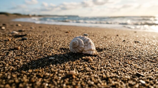 Seashell on a Pebble Beach with Gentle Waves in the Background.