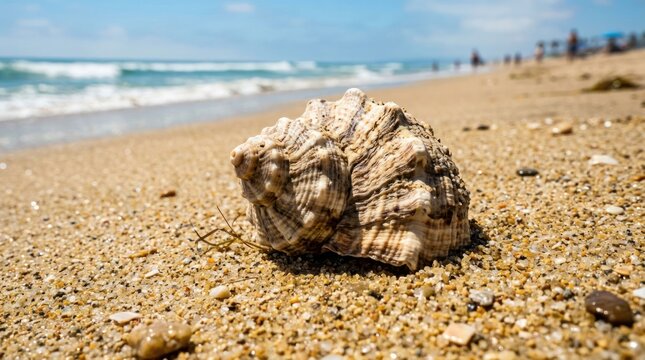 Seashell rests on sandy beach with ocean waves in background.
