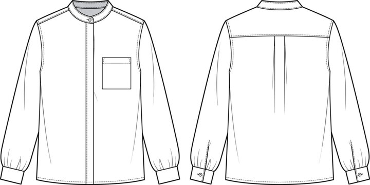 Long Sleeve Band Collar Shirt Technical Flat Sketch with Chest Pocket and Center Pleat