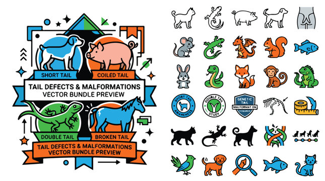 Tail defects and malformations vector bundle, animal anatomy icons for veterinary science, medical illustrations of short and coiled tails