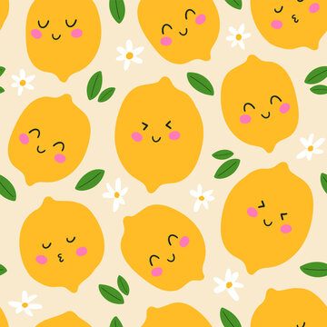 Seamless pattern with cute smiling lemons. Minimal flat vector