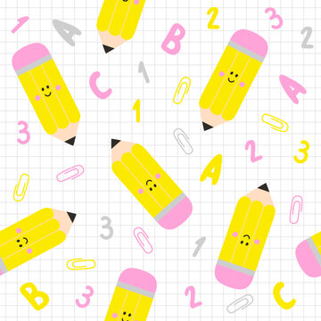 Seamless pattern with smiling cute pencils. Vector illustrations