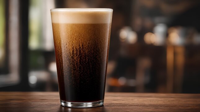 Tall clear pint glass of nitro cold brew coffee with creamy foam cap, cascading amber bubbles and dark roasted layers on a rustic wooden bar in a cozy blurred cafe setting for premium refreshment