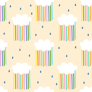 Seamless pattern with colorful rainbows and clouds. Kids background. Vector