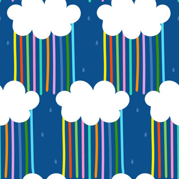 Seamless pattern with colorful rainbows and clouds. Kids background. Vector