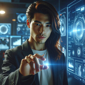 Man interacting with futuristic holographic interface displays