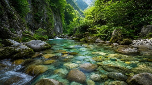 Crystal clear turquoise river flowing over smooth stones through a lush green canyon, sunlit forest gorge with mossy boulders and pristine mountain water in a serene wilderness landscape