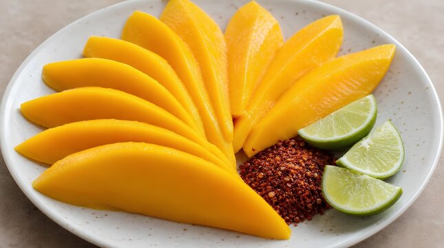 Fresh ripe mango slices fanned across a speckled white plate with lime wedges and red chili flakes, vibrant tropical fruit snack with sweet juicy texture and spicy citrus garnish closeup