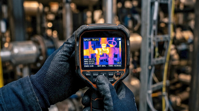 Close-up of thermal camera screen with colorful heat map on industrial background. Hand holding thermal camera screen, light emphasizing device display for precise temperature measurement.