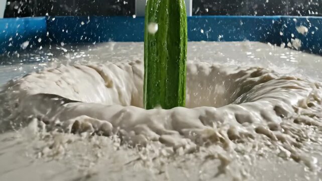 Green Cucumber Diving Into Pool of White Ranch Dressing Creating Crown Splash