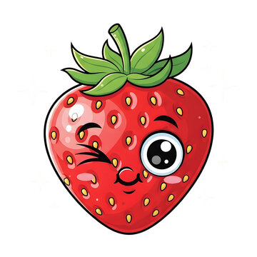 Adorable blushing red strawberry cartoon character winking playfully with green leaves isolated on white background