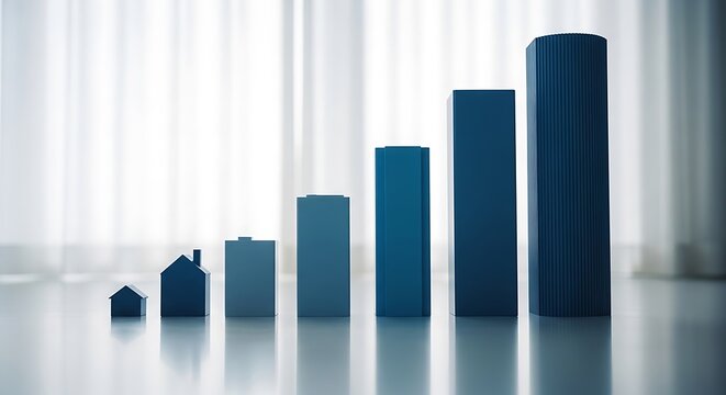 Gradual rise shown by building & bar graph shapes, blue shades, white background, light
