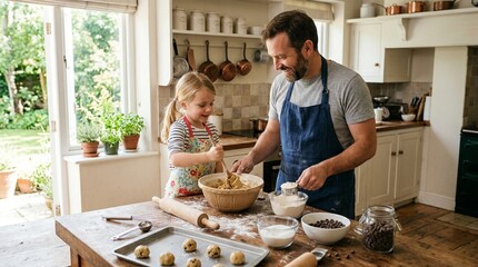 Fototapeta premium Smiling father and young daughter baking chocolate chip cookies together in a bright country kitchen, mixing dough at a flour dusted table with warm family bonding and homemade dessert prep