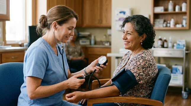 Compassionate nurse in blue scrubs checks blood pressure of smiling woman during routine clinic visit, with stethoscope, cuff, warm consultation room, and reassuring patient care scene