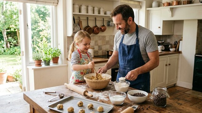 Smiling father and young daughter baking chocolate chip cookies together in a bright country kitchen, mixing dough at a flour dusted table with warm family bonding and homemade dessert prep