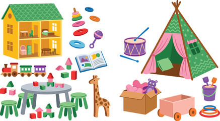 Nursery kids playroom toys vector element set with dollhouse teepee tent train building blocks and educational board books © Shukimon