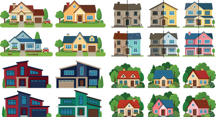 Fototapeta premium Modern residential house vector icon set showing home renovation before and after stages for real estate property development design
