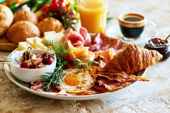 Gourmet Breakfast Platter with Coffee and Juice AI Generative