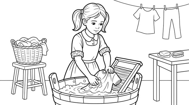 Little Girl Washing Clothes Manually Using Traditional Wooden Basin And Scrub Board