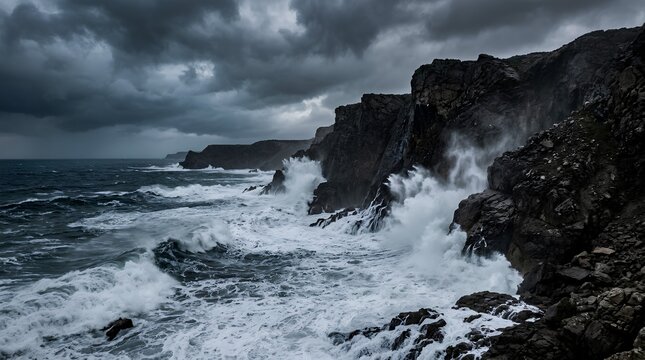 Dramatic storm clouds over rugged sea cliffs as powerful ocean waves crash into dark volcanic rocks, spraying white foam along a wild remote coastline with moody cinematic seascape energy