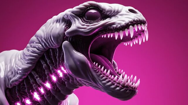 Monstrous creature head with glowing purple ribs and sharp teeth on a vibrant pink background