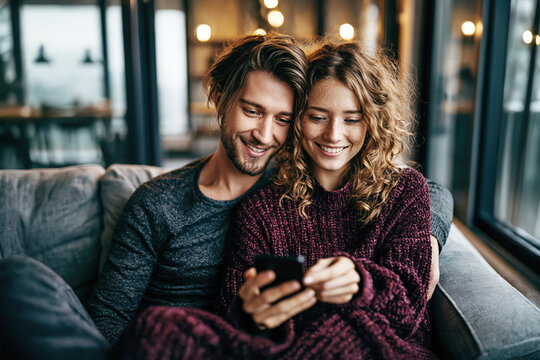 Young Couple Using Smartphone at Home &ndash; AI Generative &ndash; no real persons