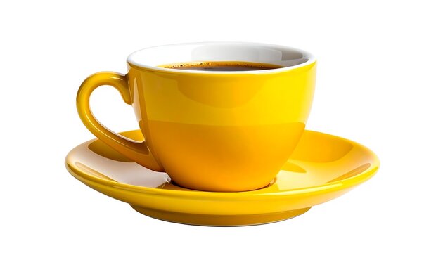 A vibrant yellow ceramic coffee cup filled with dark brew, sitting on a matching saucer against a clean white backdrop
