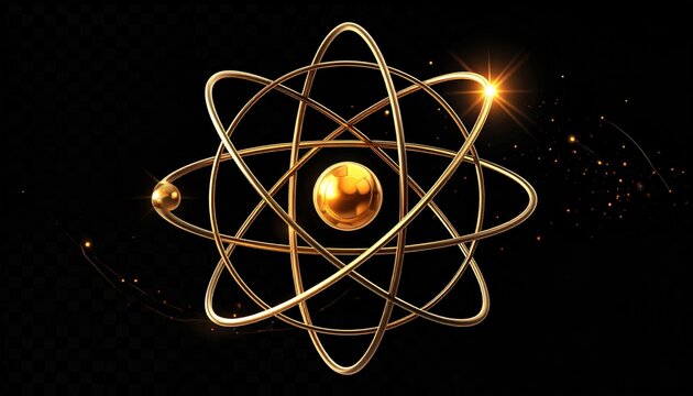 Golden atom model with orbiting electrons, science and technology concept