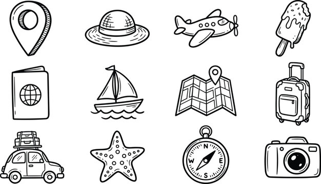 Travel and summer vacation doodle icon set with passport map camera airplane luggage and car
