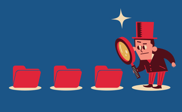 Businessman or detective in a top hat looking at a row of red folders, using a magnifying glass for data audits, document research, information searches, and corporate compliance investigations