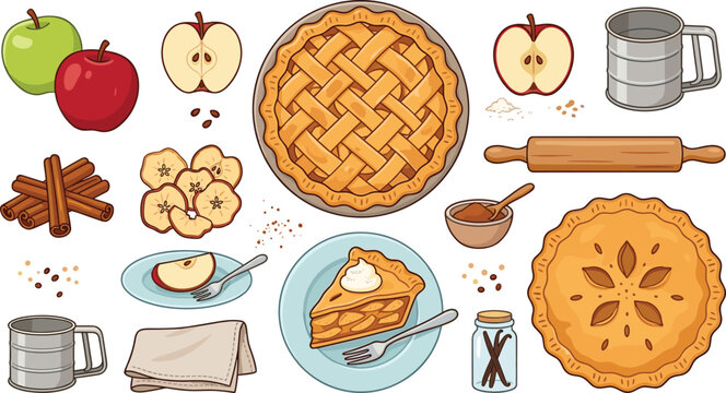 Apple pie baking vector set with fresh apples cinnamon slice rolling pin and kitchen ingredients