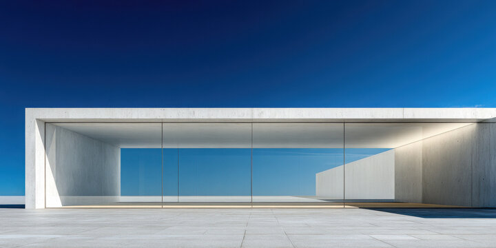Modern Minimalist Concrete Building with Large Glass Facade Under Blue Sky