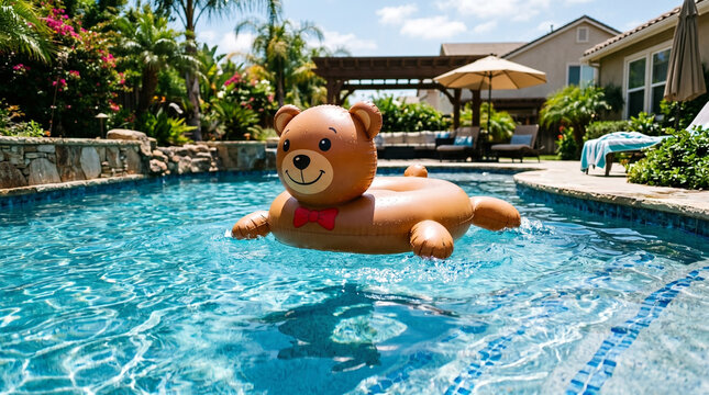 Inflatable teddy bear pool float floating in clear blue swimming pool water