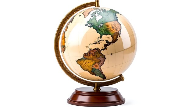 A vintage-style globe is isolated against white, revealing landmasses in subdued tones and an ornate frame. It sits on a wooden base