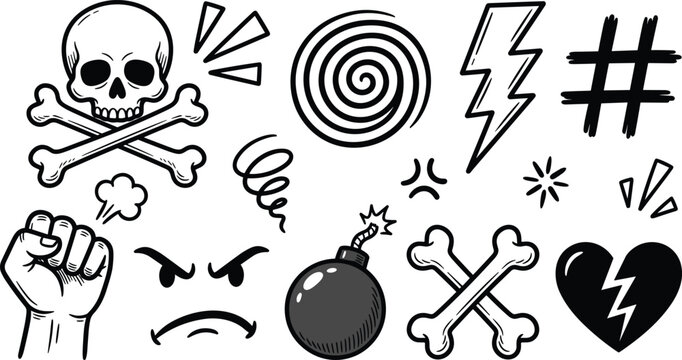 Comic expression doodle icon set with skull crossbones fist angry face bomb and broken heart